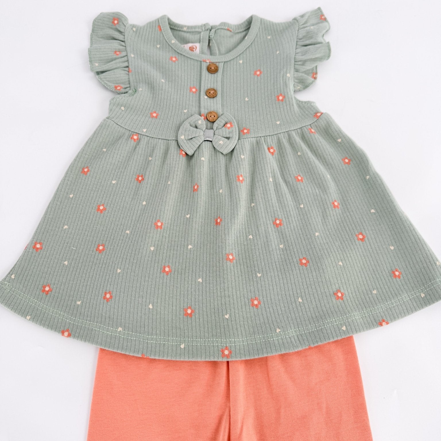 Compleu fetita cu floricele - verde cu portocaliu - Botez bebelusi