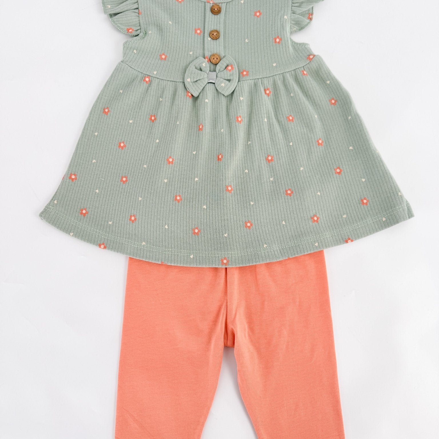 Compleu fetita cu floricele - verde cu portocaliu - Botez bebelusi