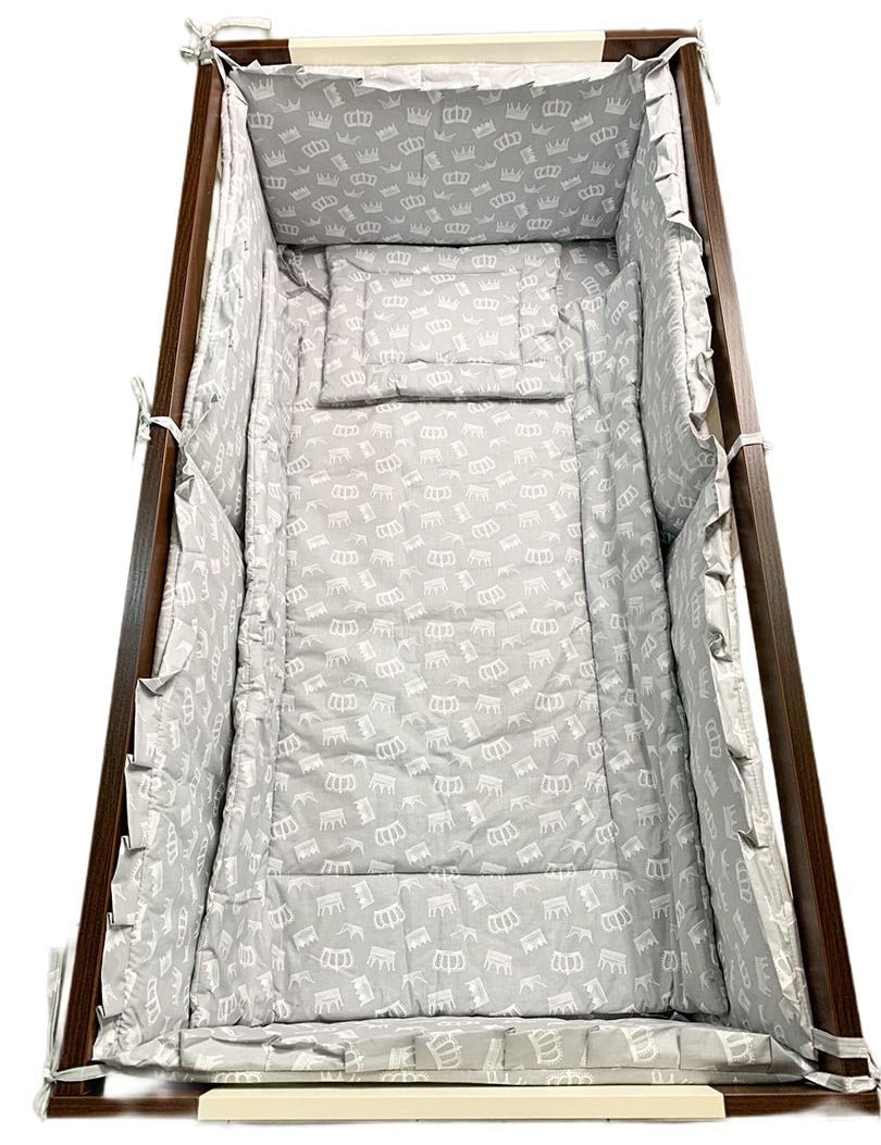 Lenjerie patut 100% bumbac gri cu coroana alba - Botez bebelusi