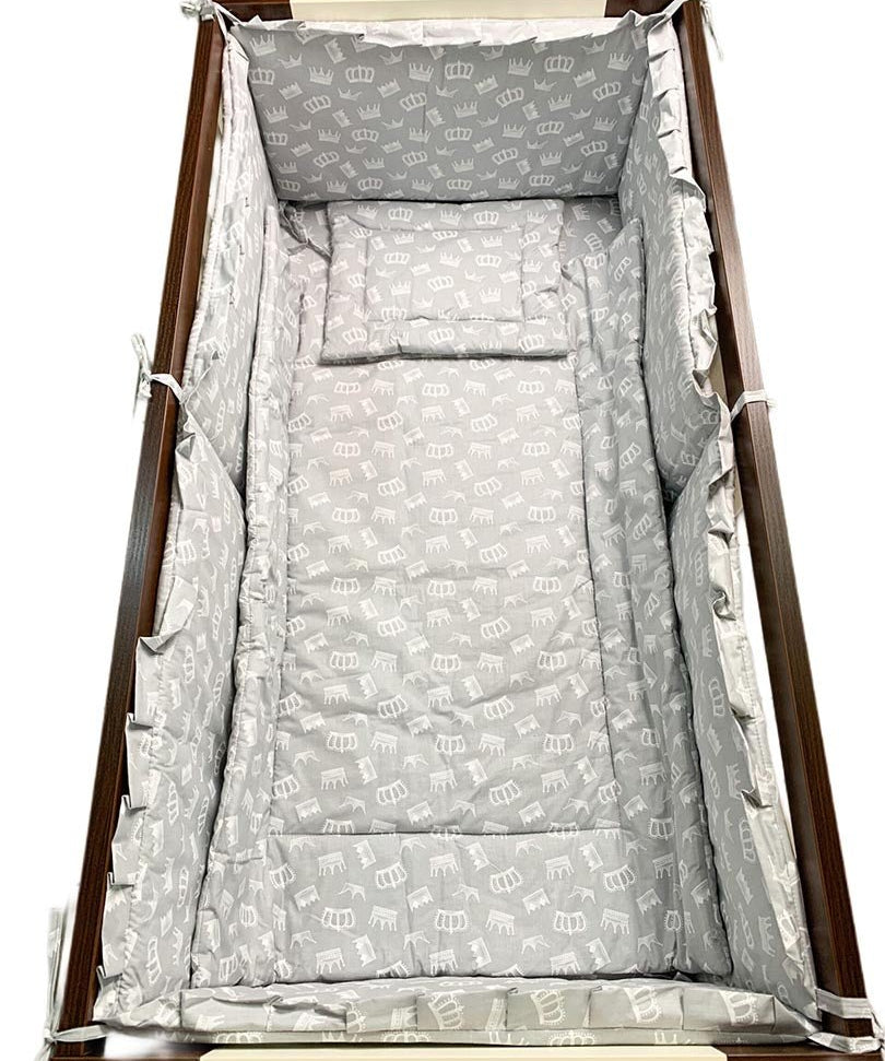 Lenjerie patut 100% bumbac gri cu coroana alba - Botez bebelusi