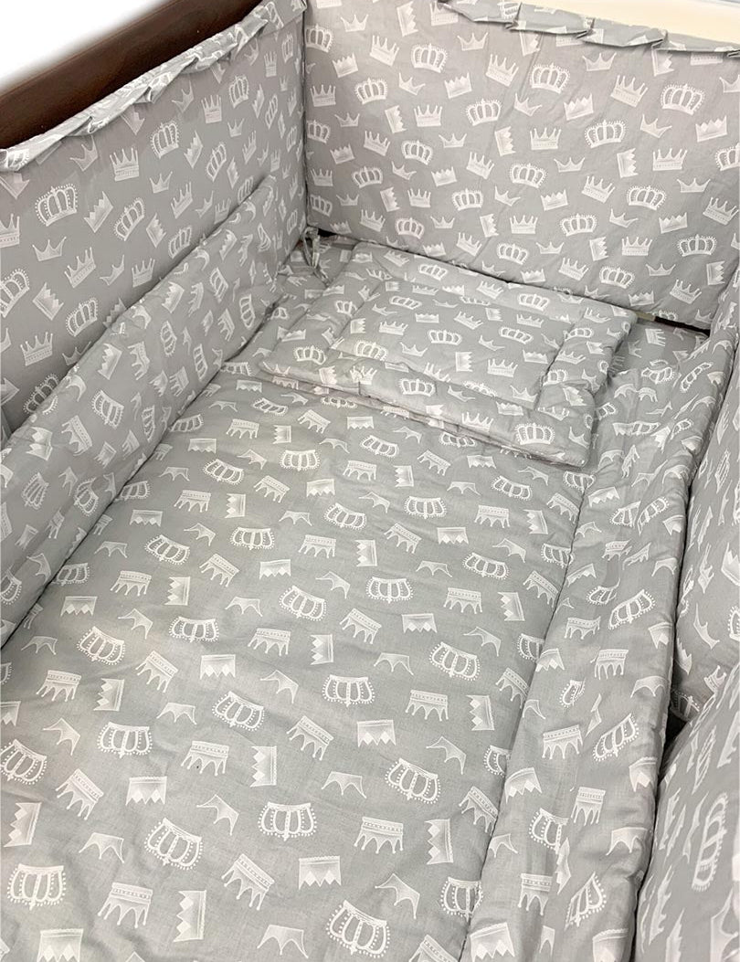 Lenjerie patut 100% bumbac gri cu coroana alba - Botez bebelusi