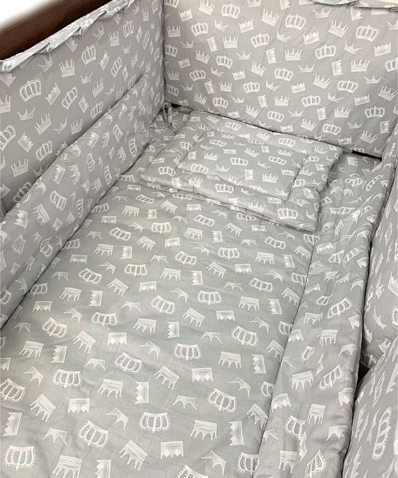 Lenjerie patut 100% bumbac gri cu coroana alba - Botez bebelusi