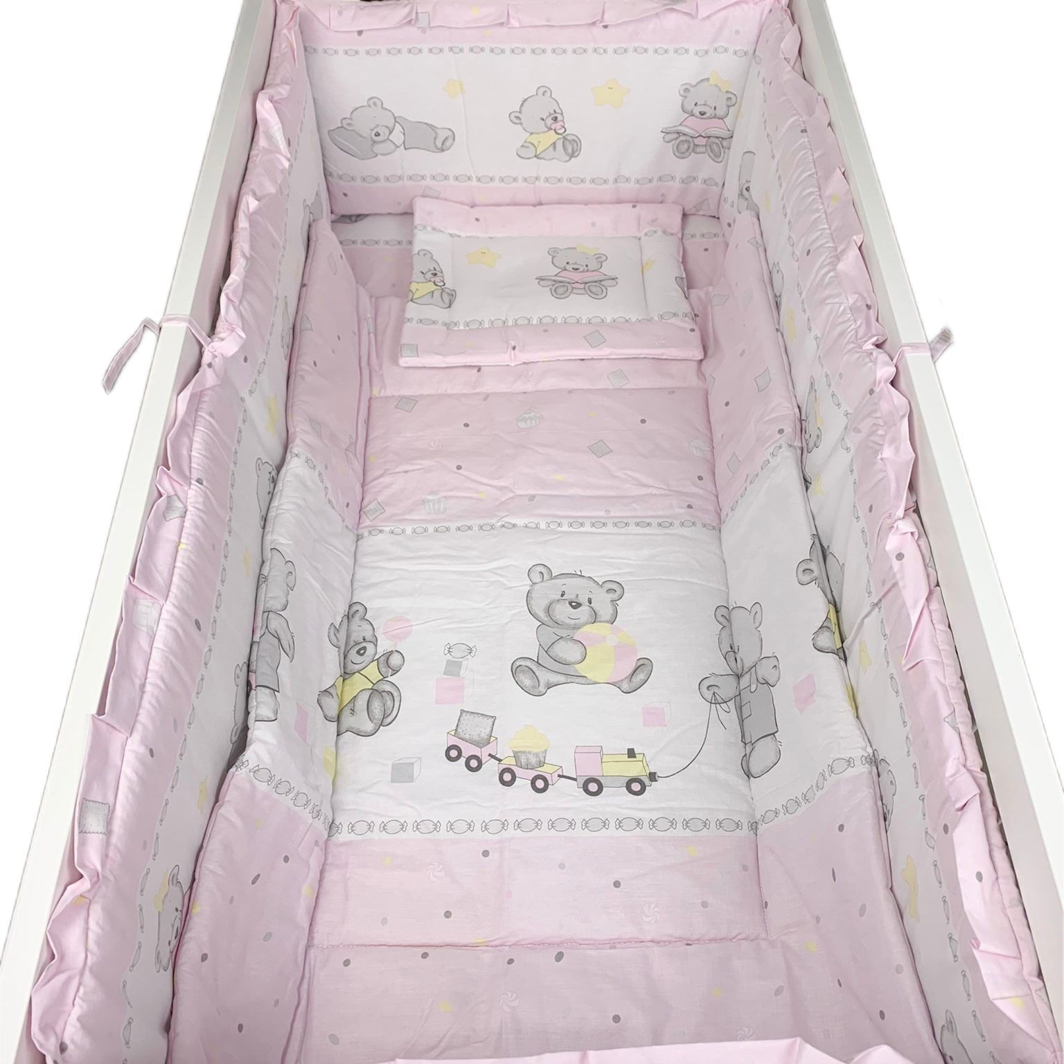 Lenjerie patut 5 piese ursulet vesel cu trenuleț - Botez bebelusi