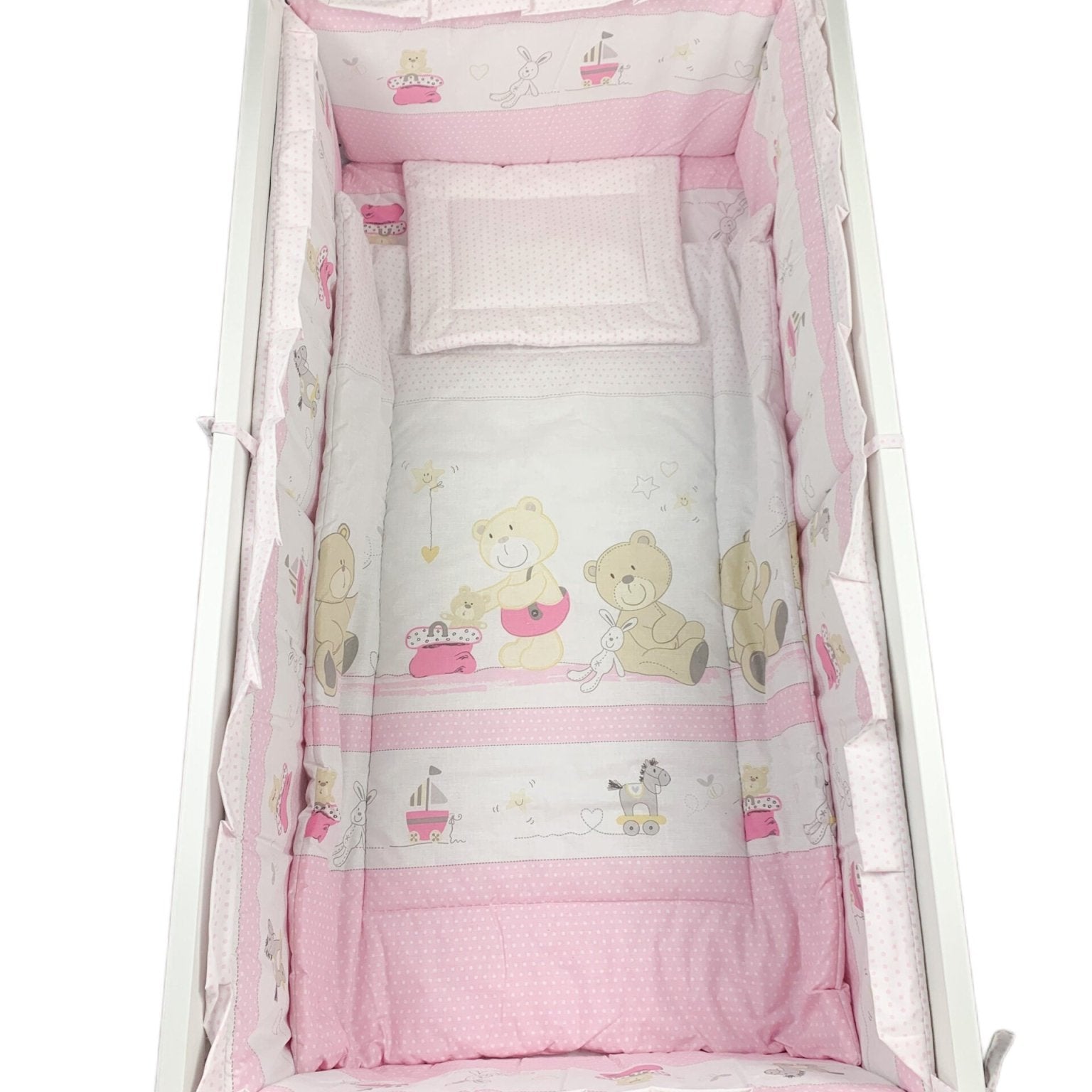 Lenjerie patut roz cu ursuleț ,bărcuță si iepuraș - Botez bebelusi