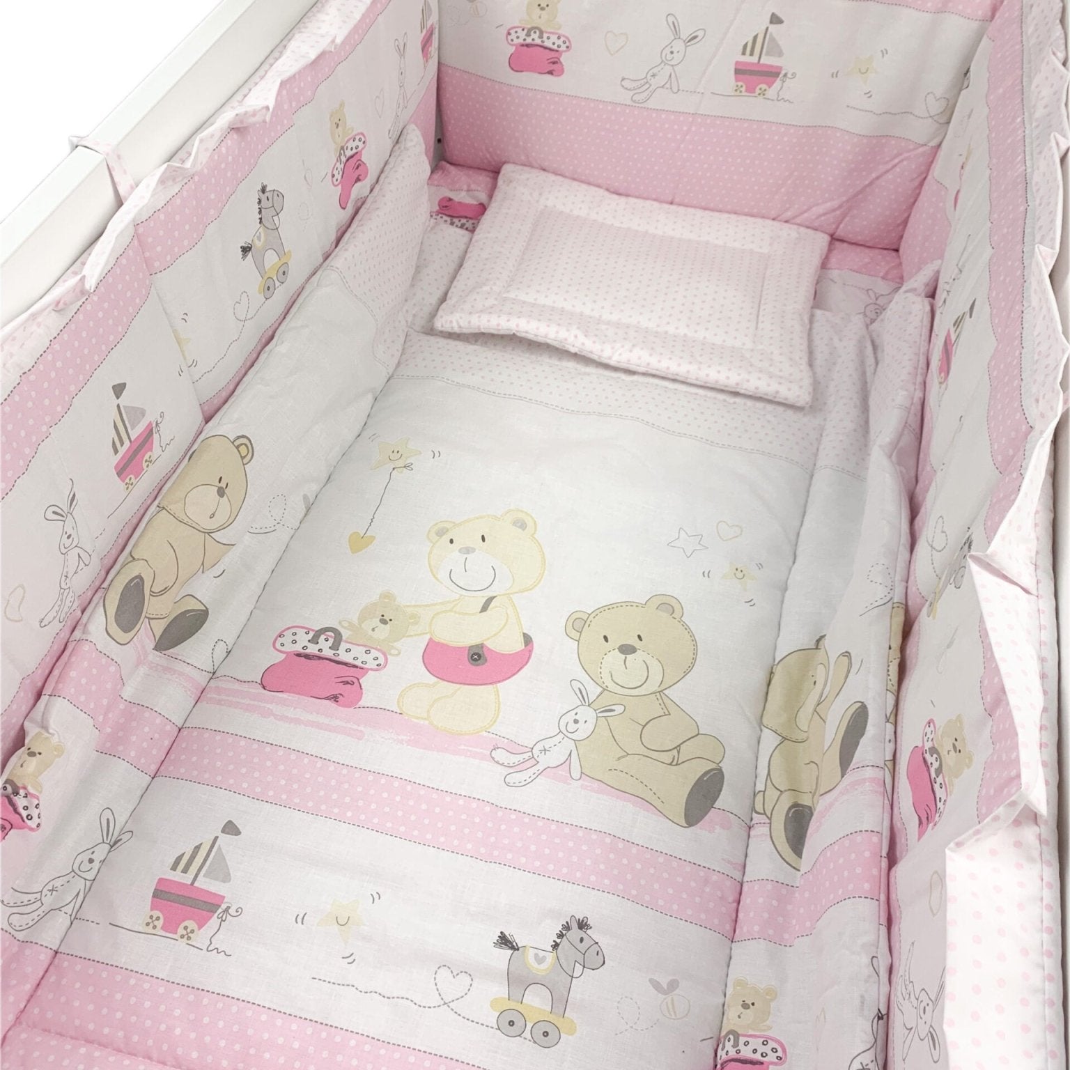 Lenjerie patut roz cu ursuleț ,bărcuță si iepuraș - Botez bebelusi