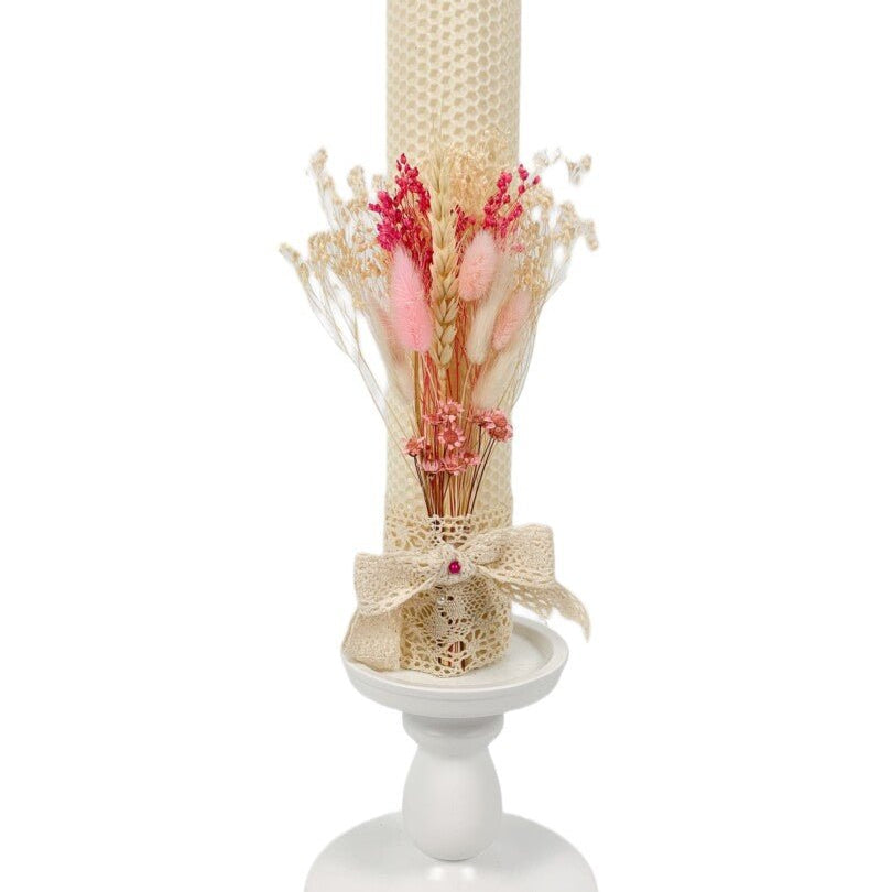 Lumanare botez ceara naturala - alba - cu flori uscate colorate - Botez bebelusi