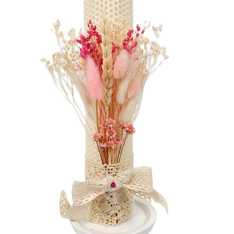 Lumanare botez ceara naturala - alba - cu flori uscate colorate - Botez bebelusi