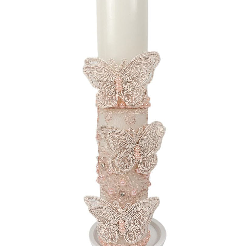 Lumanare botez din dantela roz cu fluturi si perle - Botez bebelusi