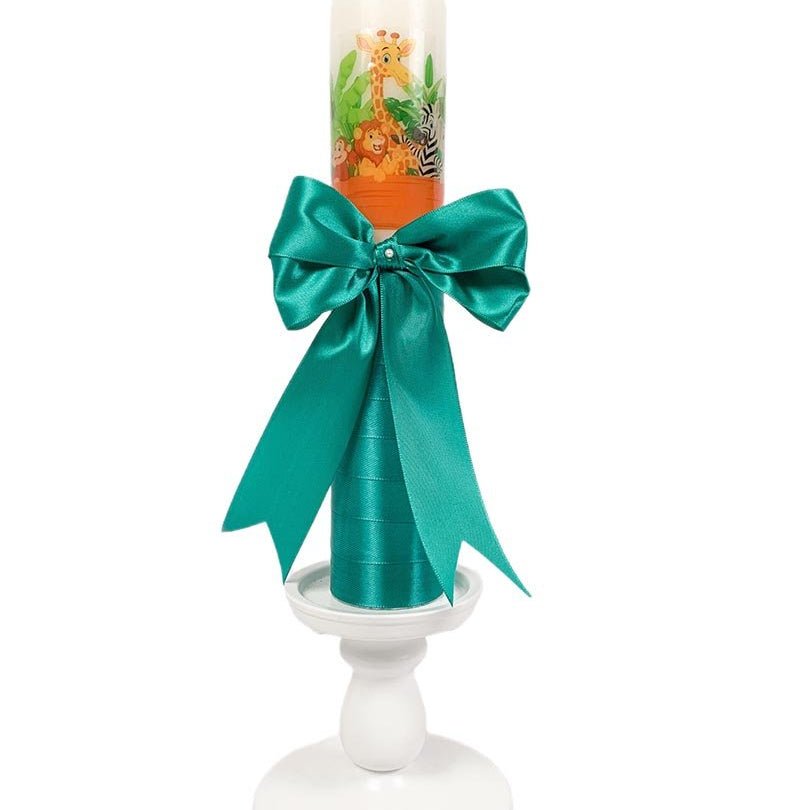 Lumanare de botez cu fundita verde si animalute - Botez bebelusi