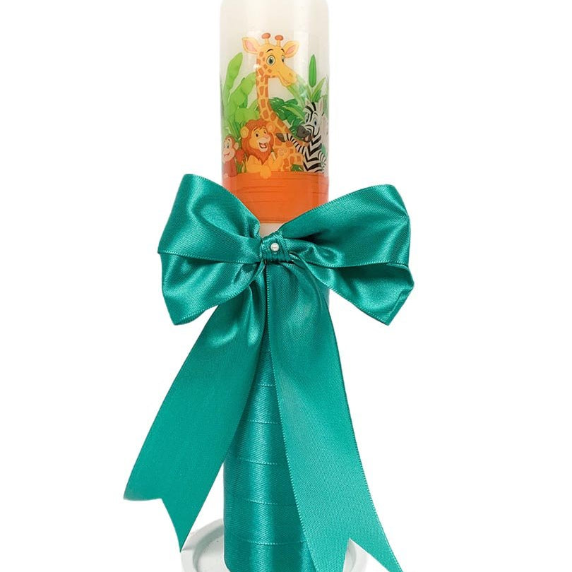 Lumanare de botez cu fundita verde si animalute - Botez bebelusi