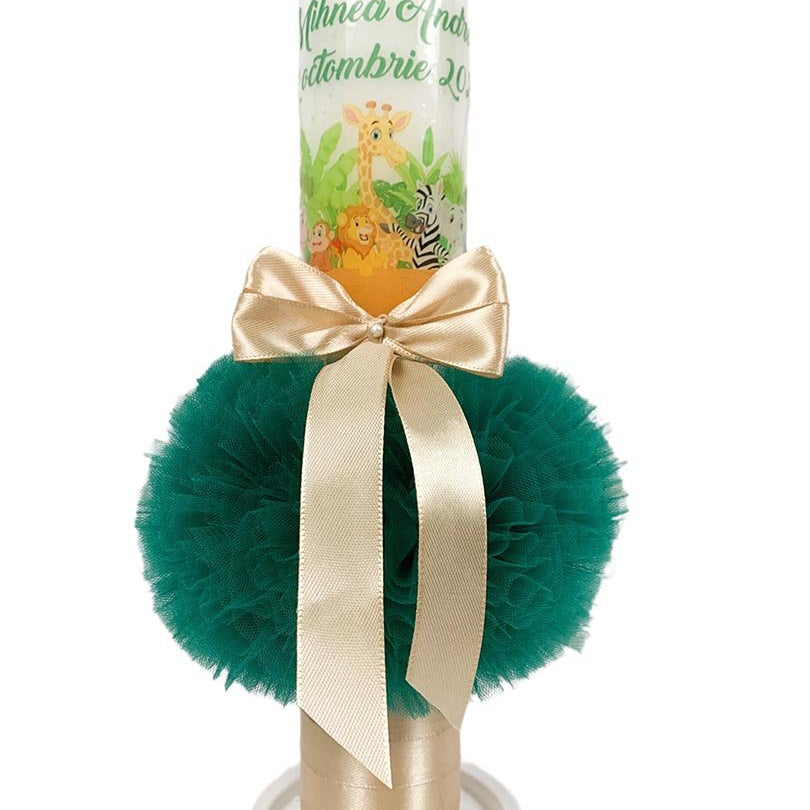 Lumanare de botez cu tul verde si animalute - Botez bebelusi