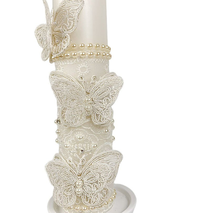 Lumanare pentru botez cu dantela si fluturi crem - Botez bebelusi