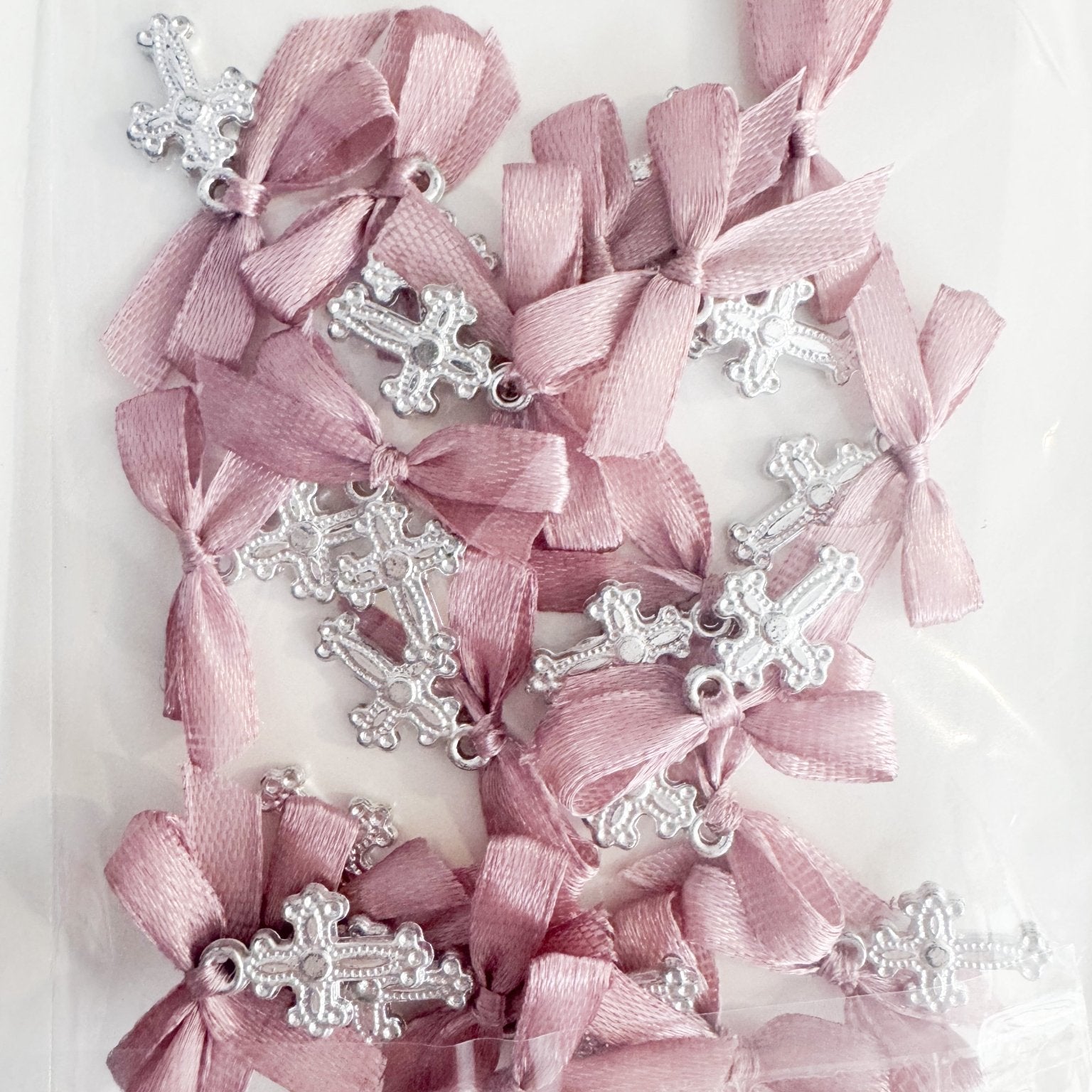 Marturii botez cruciulita cu fundita roz pudra - Botez bebelusi