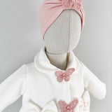 Palton alb cu fluturasi si turban roz - Botez bebelusi