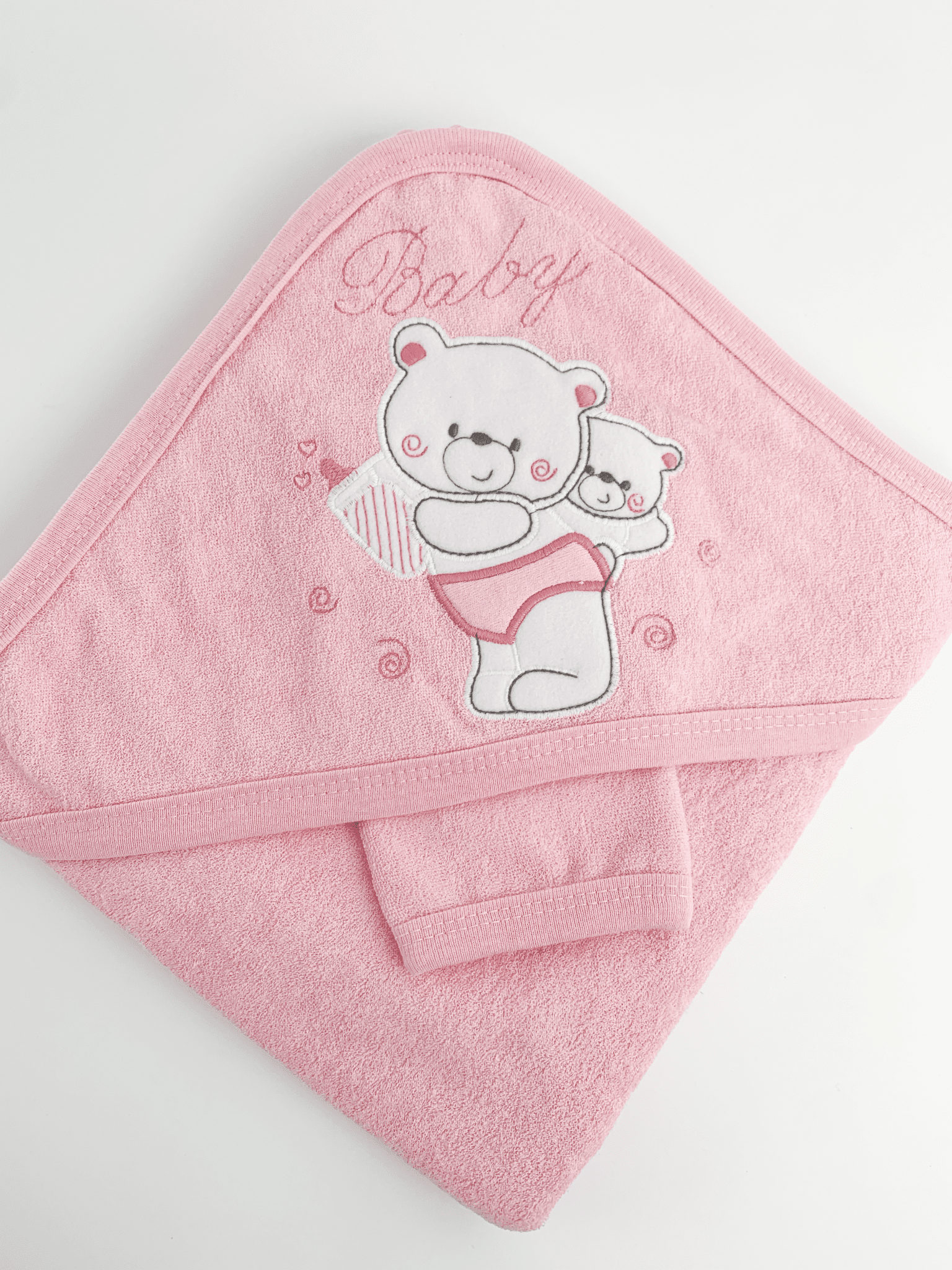 Prosop baie brodat cu ursuleti - roz - Botez bebelusi