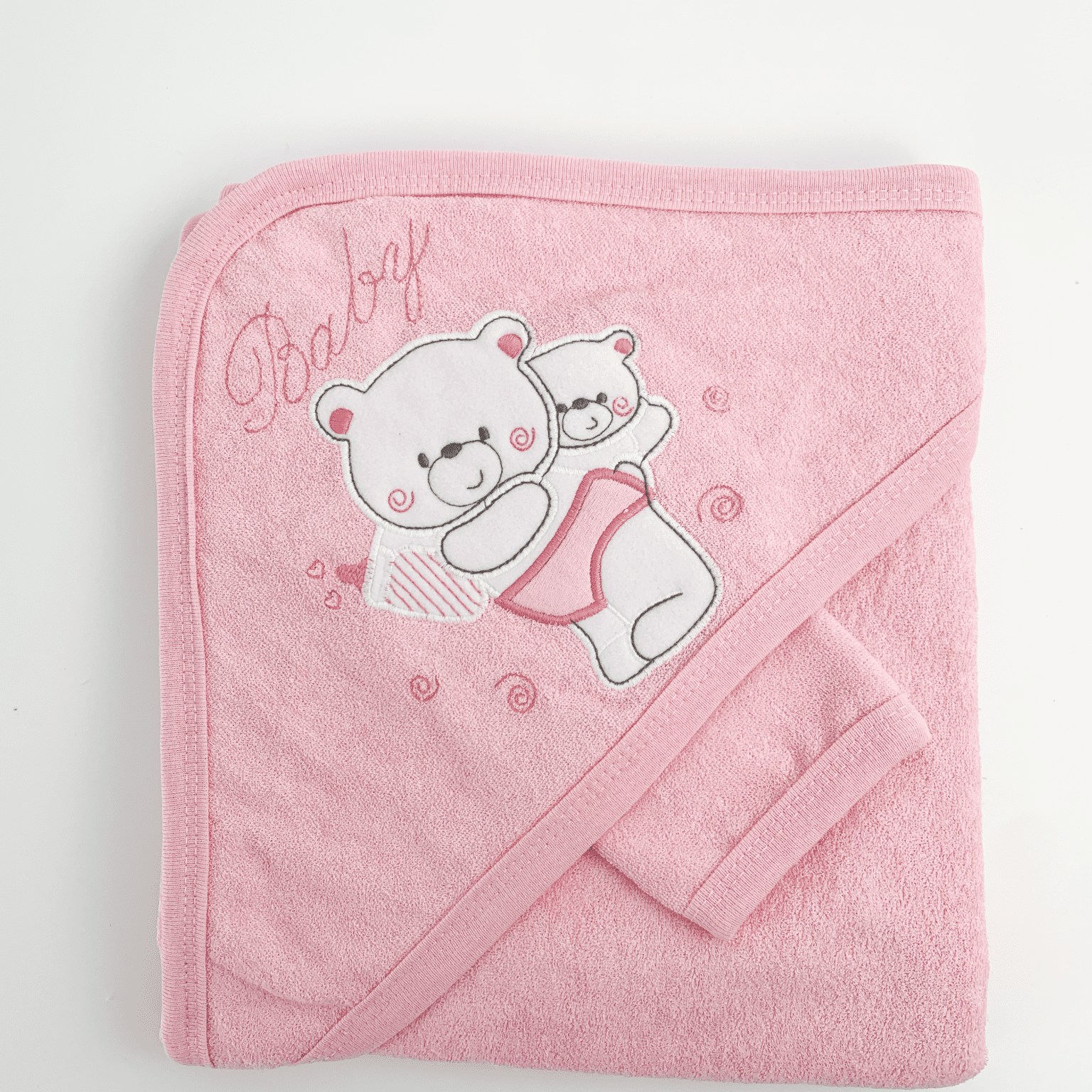 Prosop baie brodat cu ursuleti - roz - Botez bebelusi
