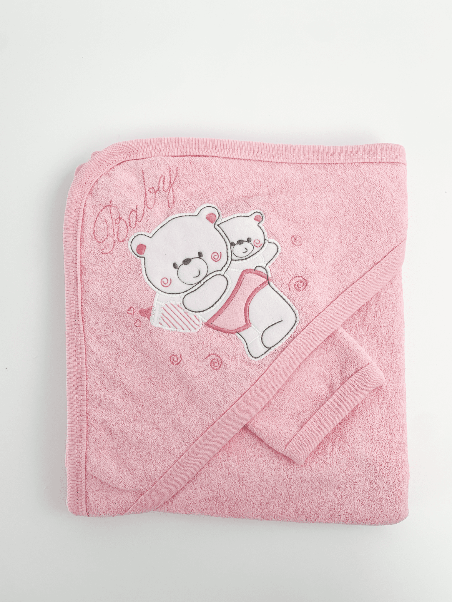 Prosop baie brodat cu ursuleti - roz - Botez bebelusi