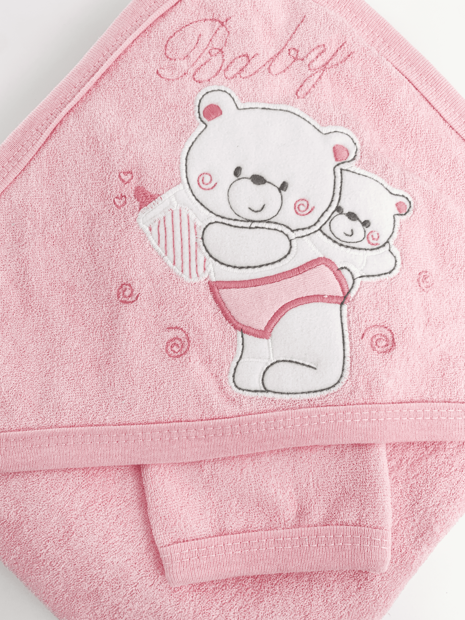 Prosop baie brodat cu ursuleti - roz - Botez bebelusi