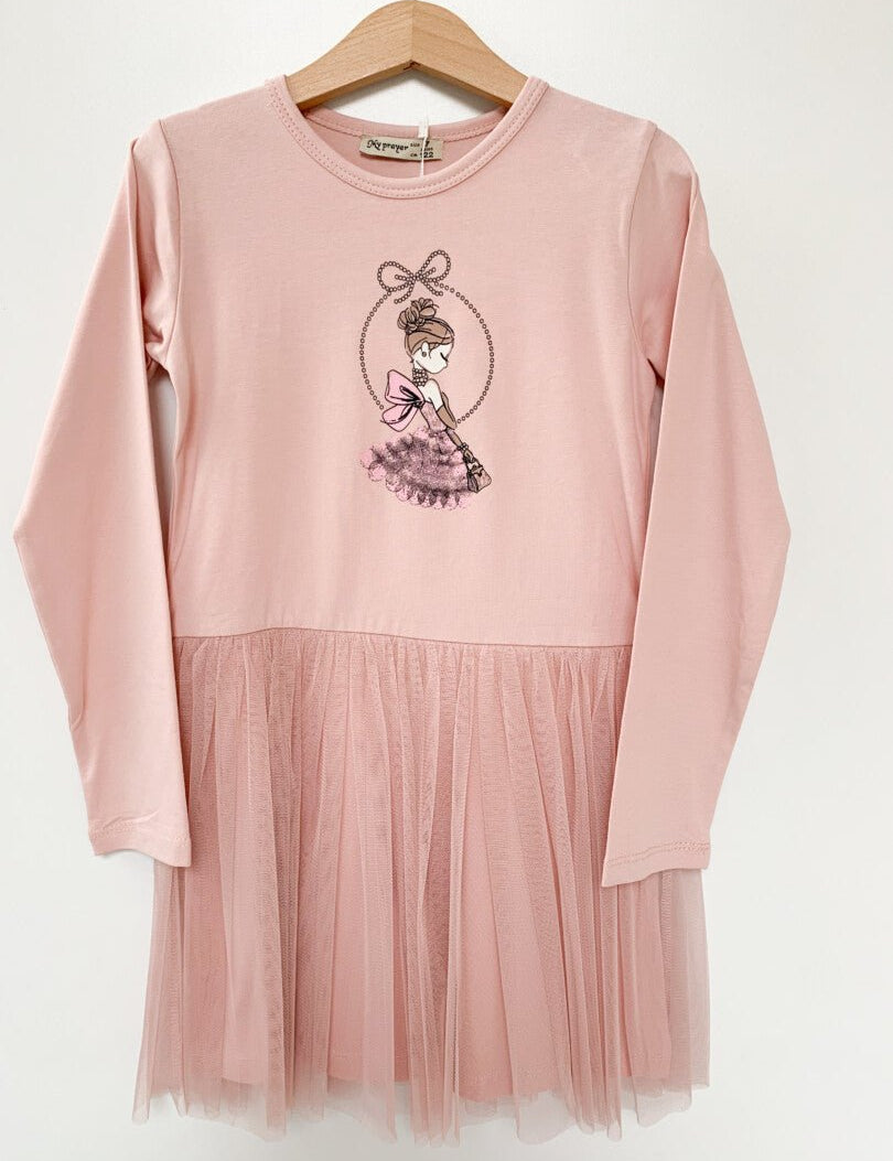 Rochie fetita roz piersica cu printesa - Botez bebelusi