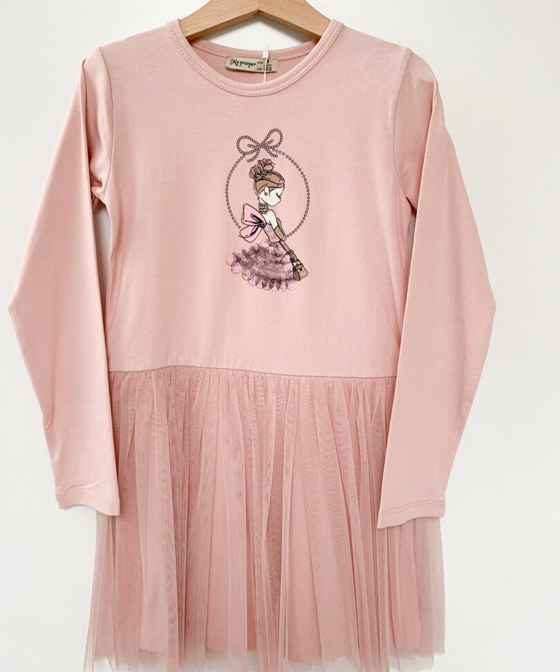 Rochie fetita roz piersica cu printesa - Botez bebelusi
