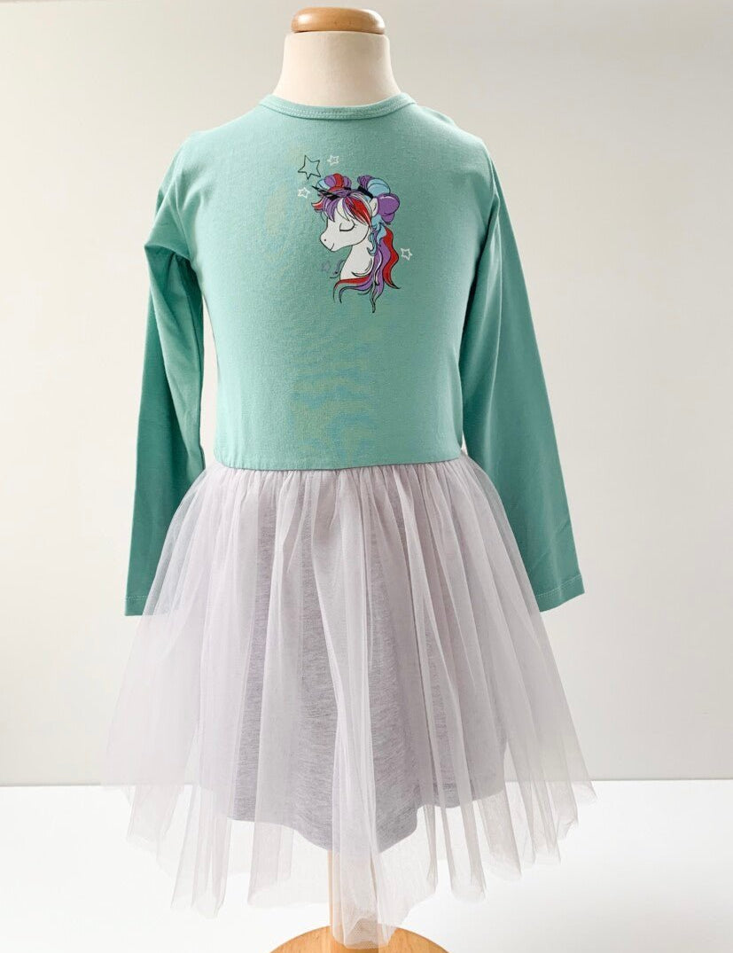 Rochie fetita verde cu unicorn - Botez bebelusi