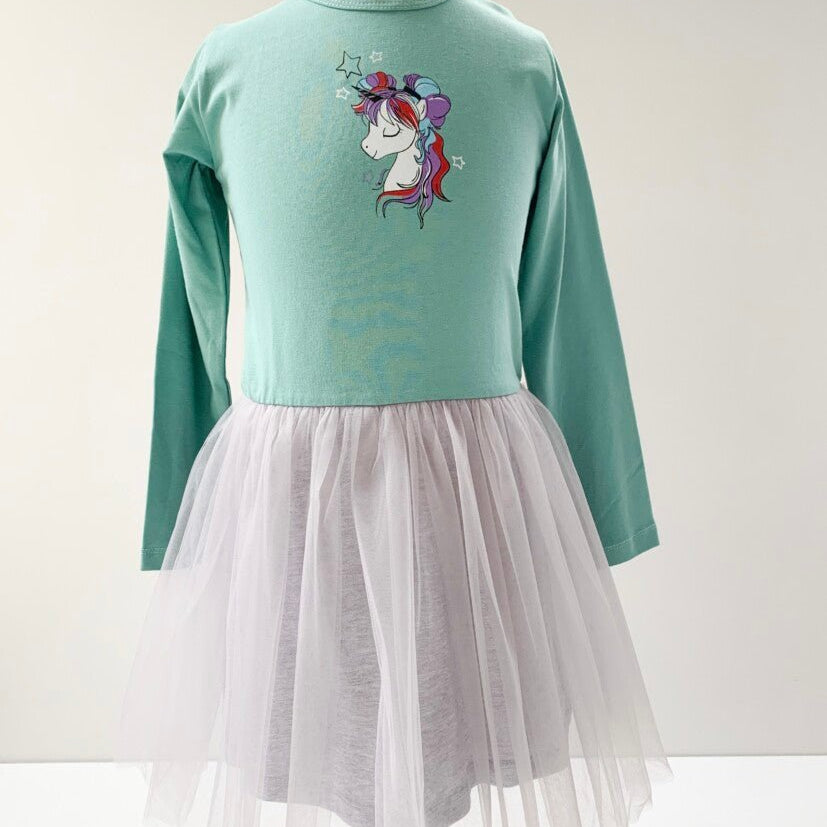 Rochie fetita verde cu unicorn - Botez bebelusi