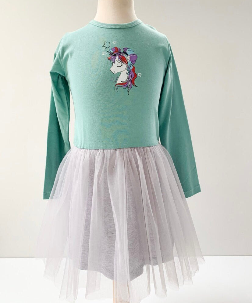 Rochie fetita verde cu unicorn - Botez bebelusi