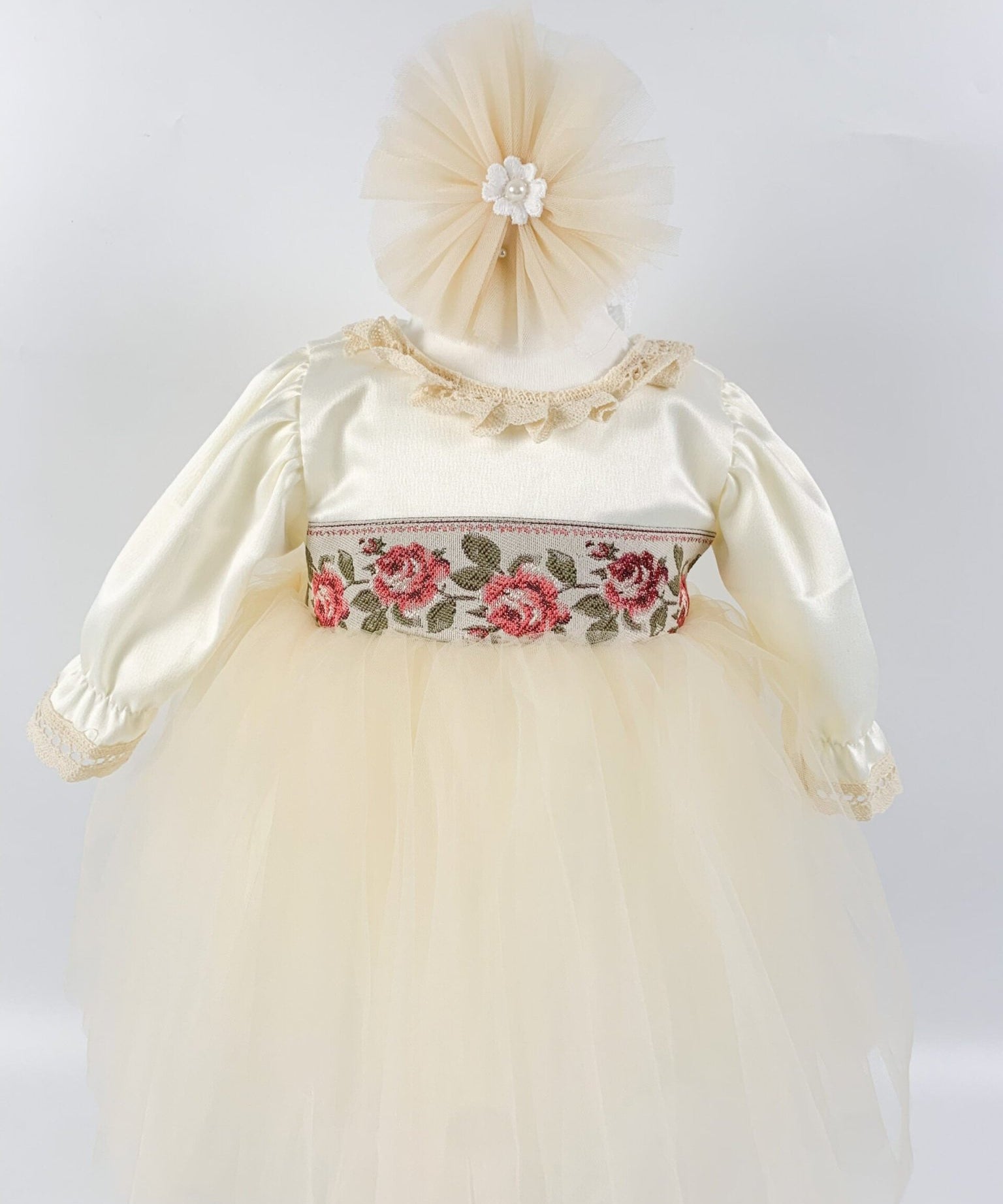 Rochie pentru botez Sorina, brau cu trandafiri - Botez bebelusi