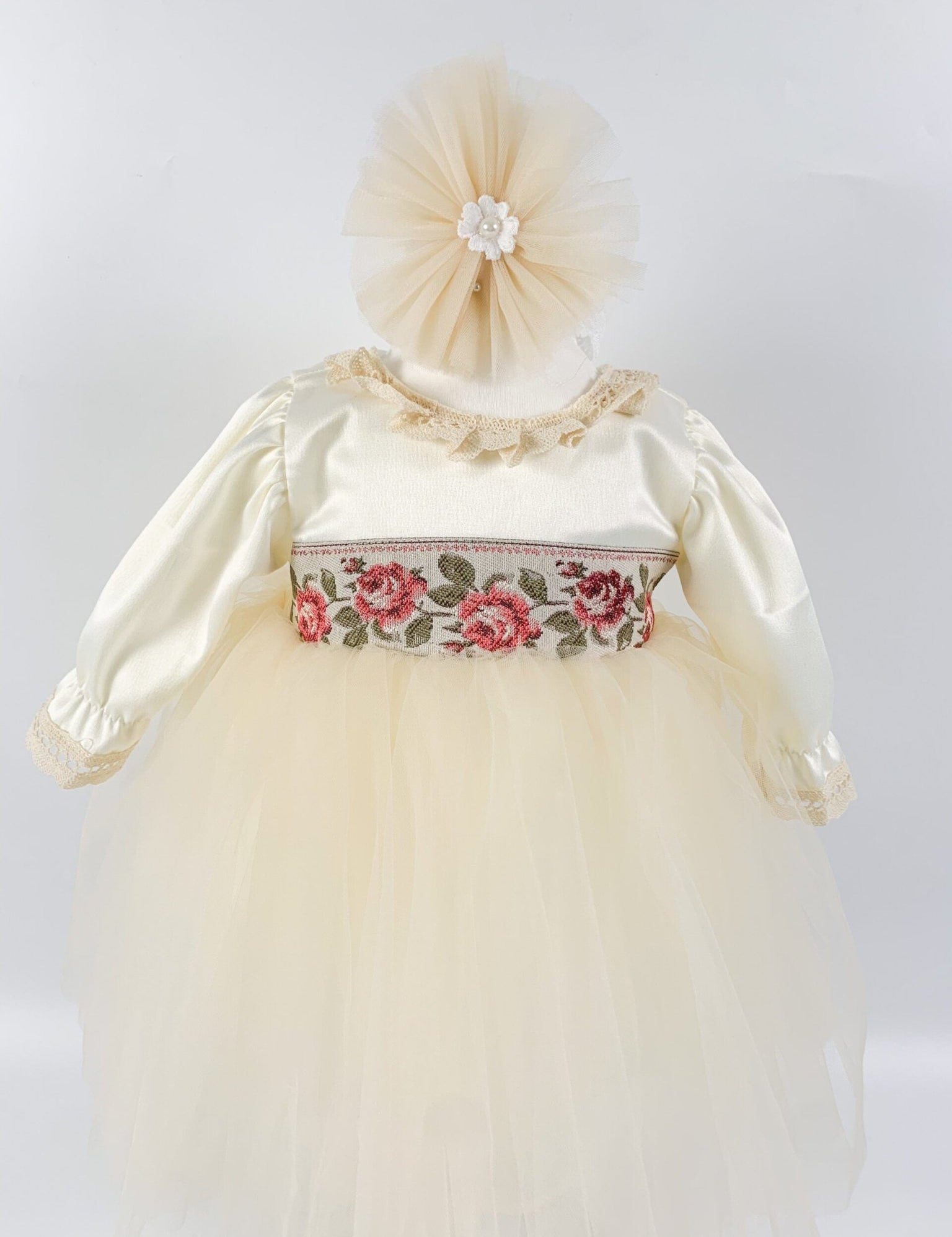 Rochie pentru botez Sorina, brau cu trandafiri - Botez bebelusi