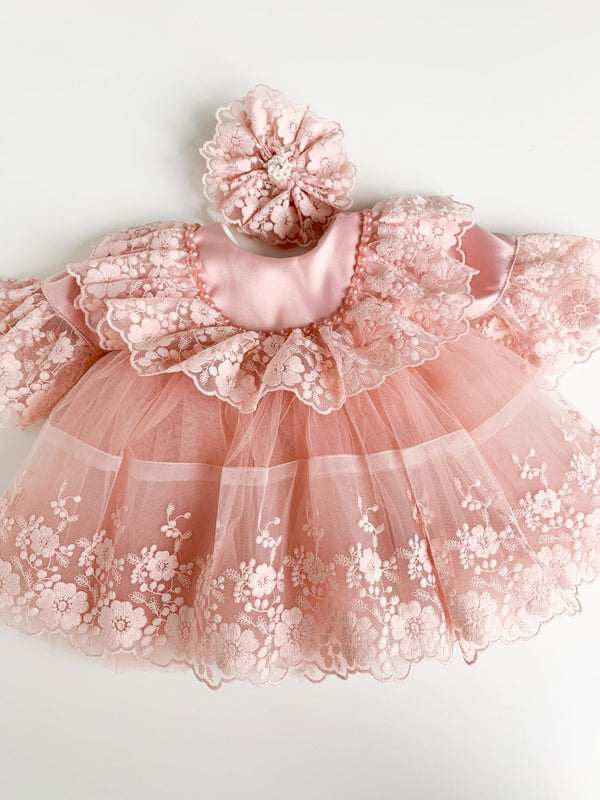 Rochie roz fetita cu dantela lata Ada - Botez bebelusi