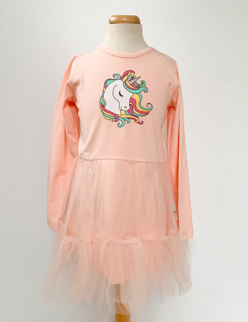 Rochie roz piersica cu unicorn - Botez bebelusi