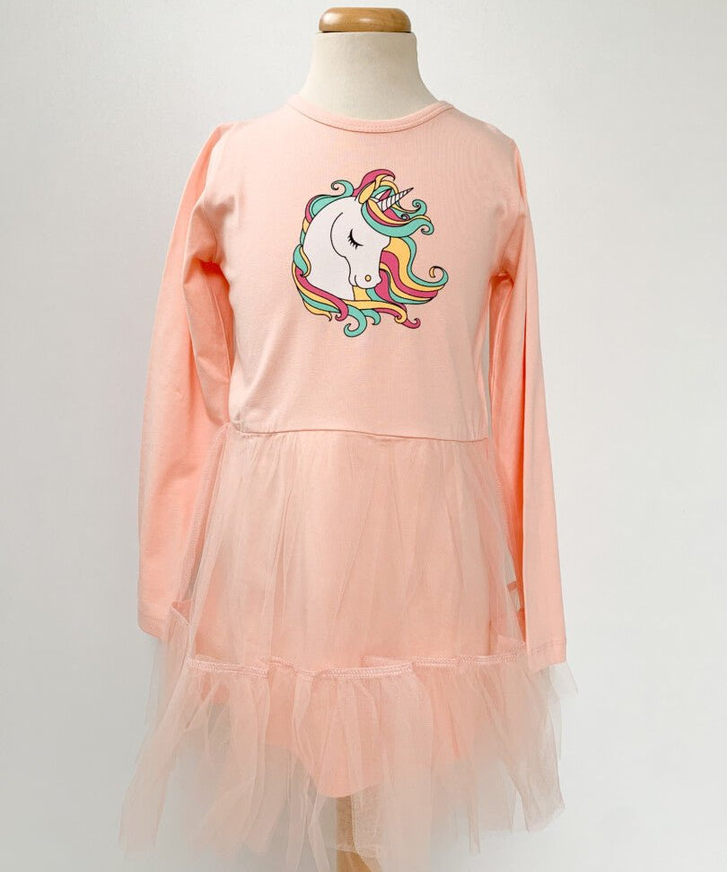 Rochie roz piersica cu unicorn - Botez bebelusi