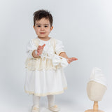 Rochita Botez Ivoire cu Dantela Fina, Turban si Bentita - Set Complet Briana - Botez bebelusi