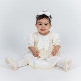 Rochita Botez Ivoire cu Dantela Fina, Turban si Bentita - Set Complet Briana - Botez bebelusi
