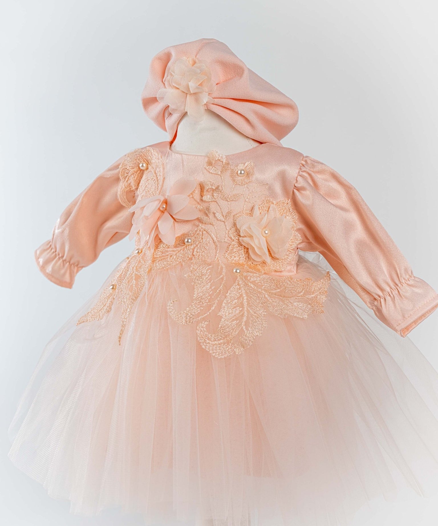 Rochita Eleganta Roz Somon cu Turban Moale si Bolero - Matilde - Botez bebelusi