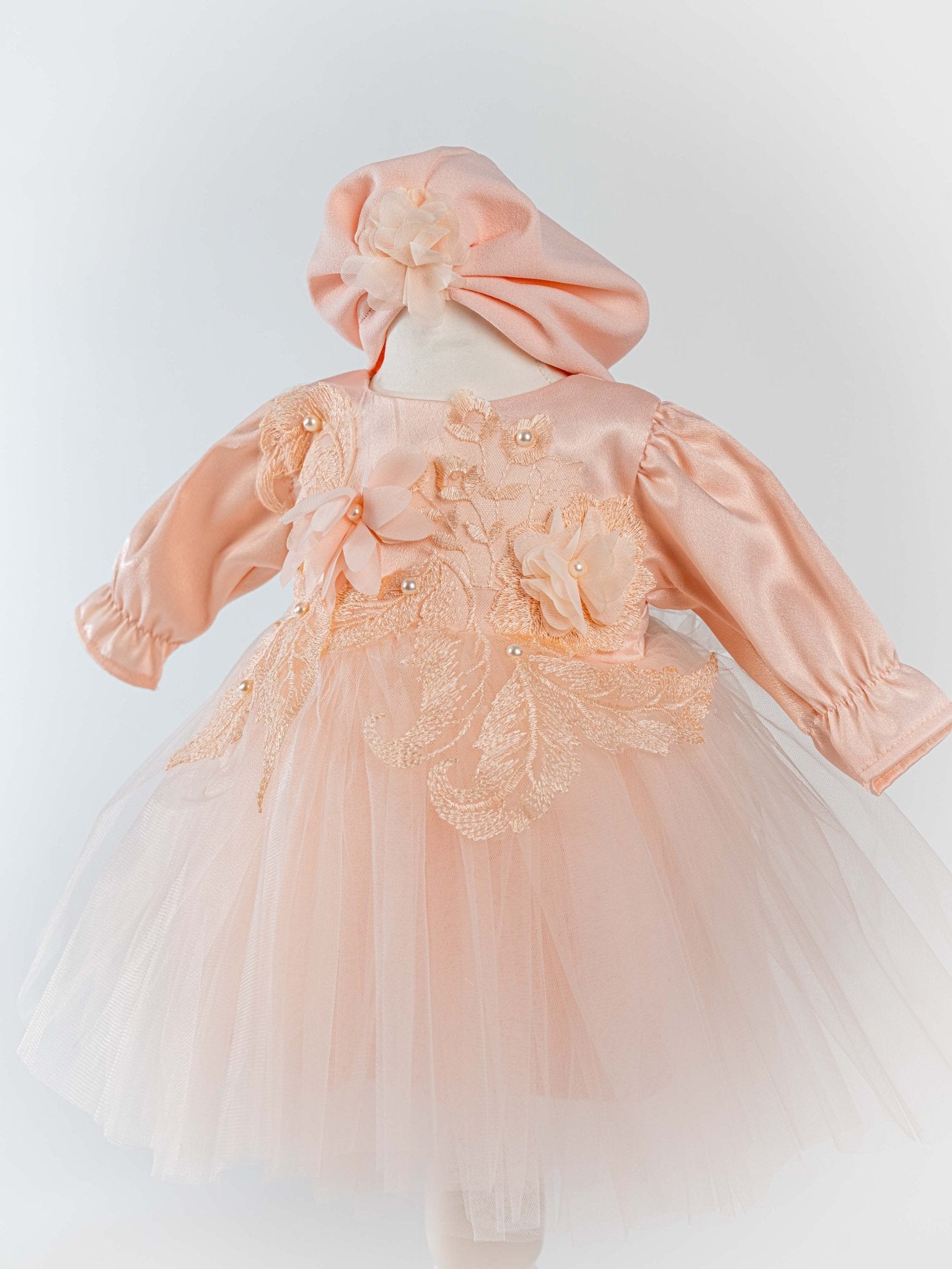 Rochita Eleganta Roz Somon cu Turban Moale si Bolero - Matilde - Botez bebelusi
