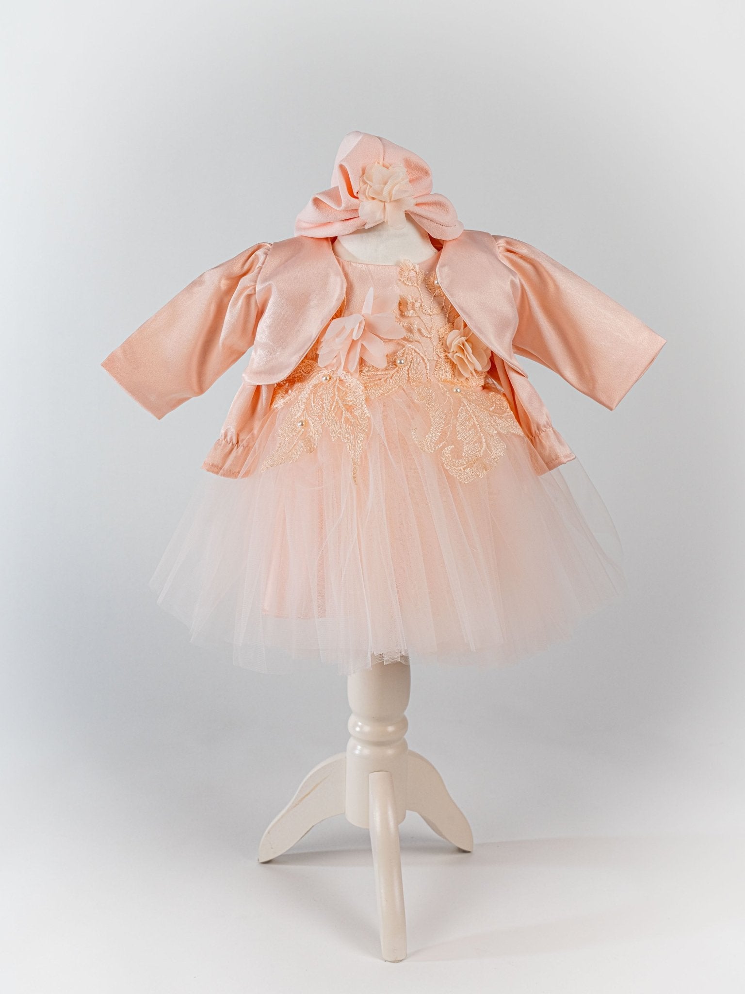 Rochita Eleganta Roz Somon cu Turban Moale si Bolero - Matilde - Botez bebelusi
