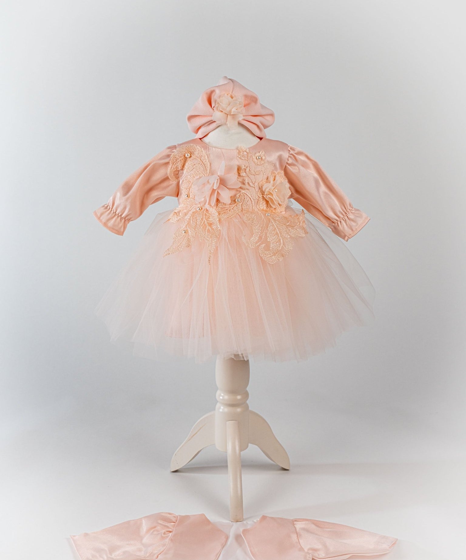 Rochita Eleganta Roz Somon cu Turban Moale si Bolero - Matilde - Botez bebelusi