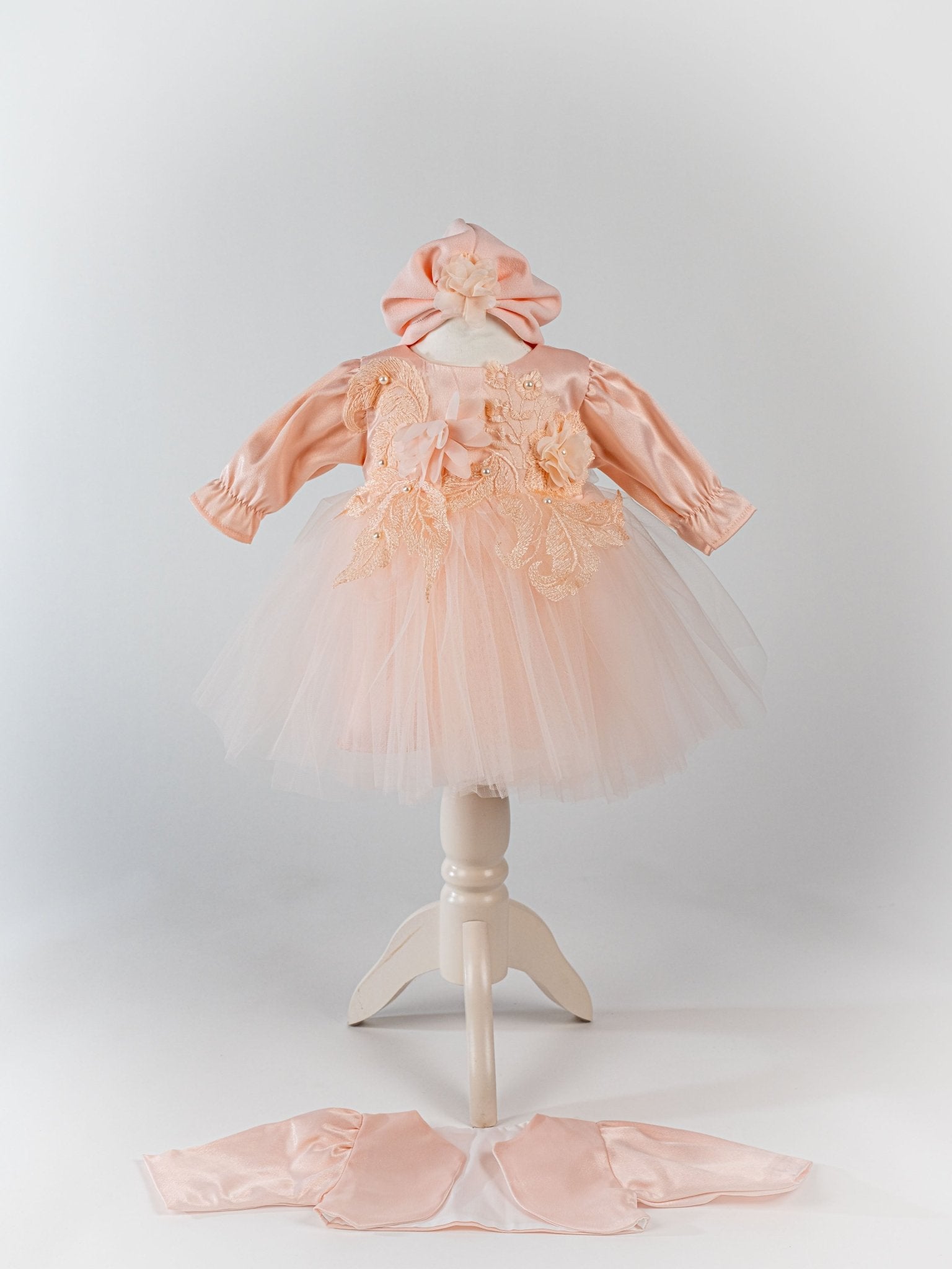 Rochita Eleganta Roz Somon cu Turban Moale si Bolero - Matilde - Botez bebelusi