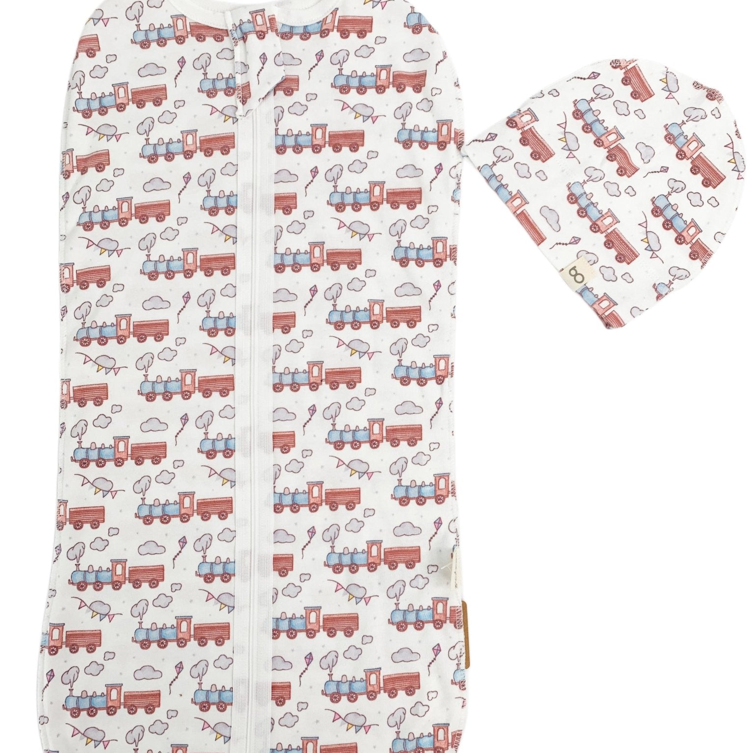 Sac de dormit bebe 2 piese - alb cu trenulet - Botez bebelusi