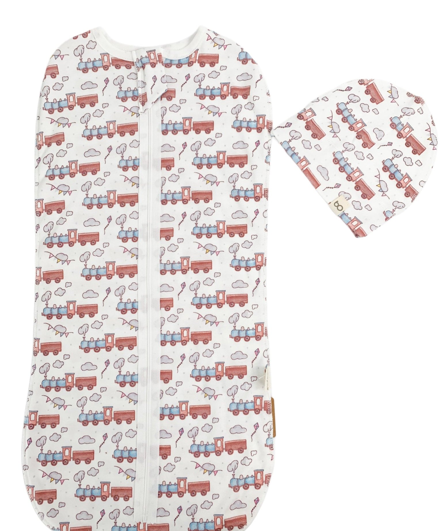 Sac de dormit bebe 2 piese - alb cu trenulet - Botez bebelusi