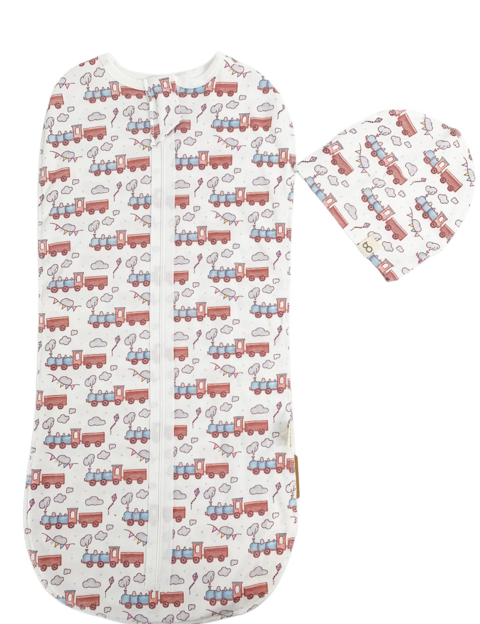 Sac de dormit bebe 2 piese - alb cu trenulet - Botez bebelusi