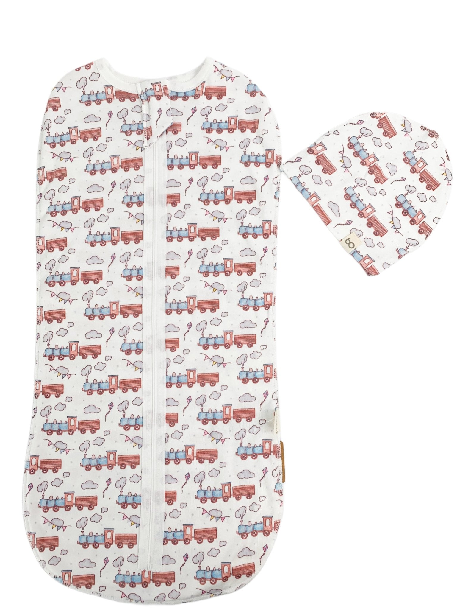 Sac de dormit bebe 2 piese - alb cu trenulet - Botez bebelusi