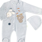 Salopeta albastra pufoasa baiat cu catelus si iepuras - Botez bebelusi