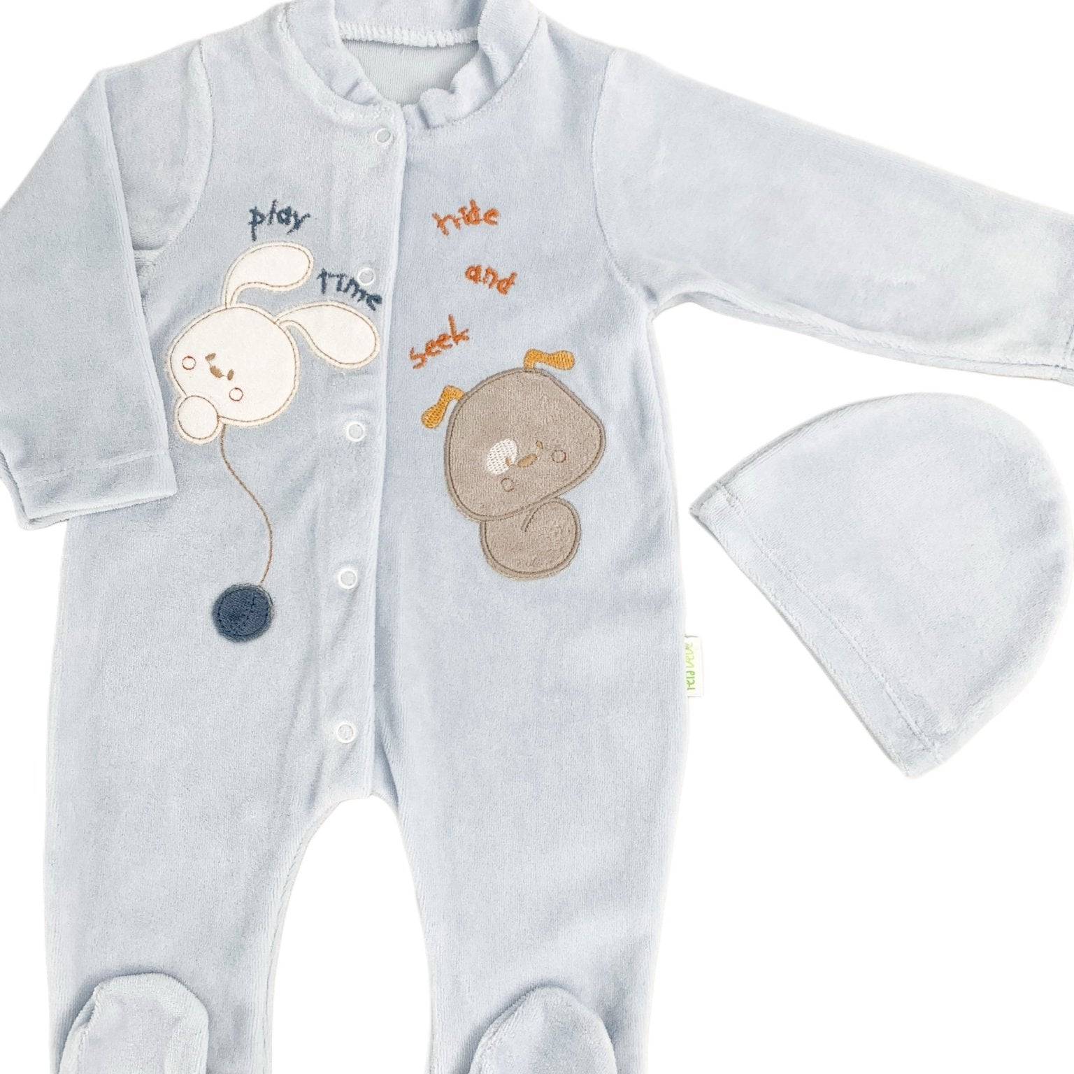 Salopeta albastra pufoasa baiat cu catelus si iepuras - Botez bebelusi