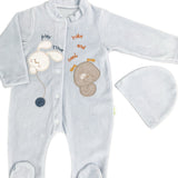 Salopeta albastra pufoasa baiat cu catelus si iepuras - Botez bebelusi