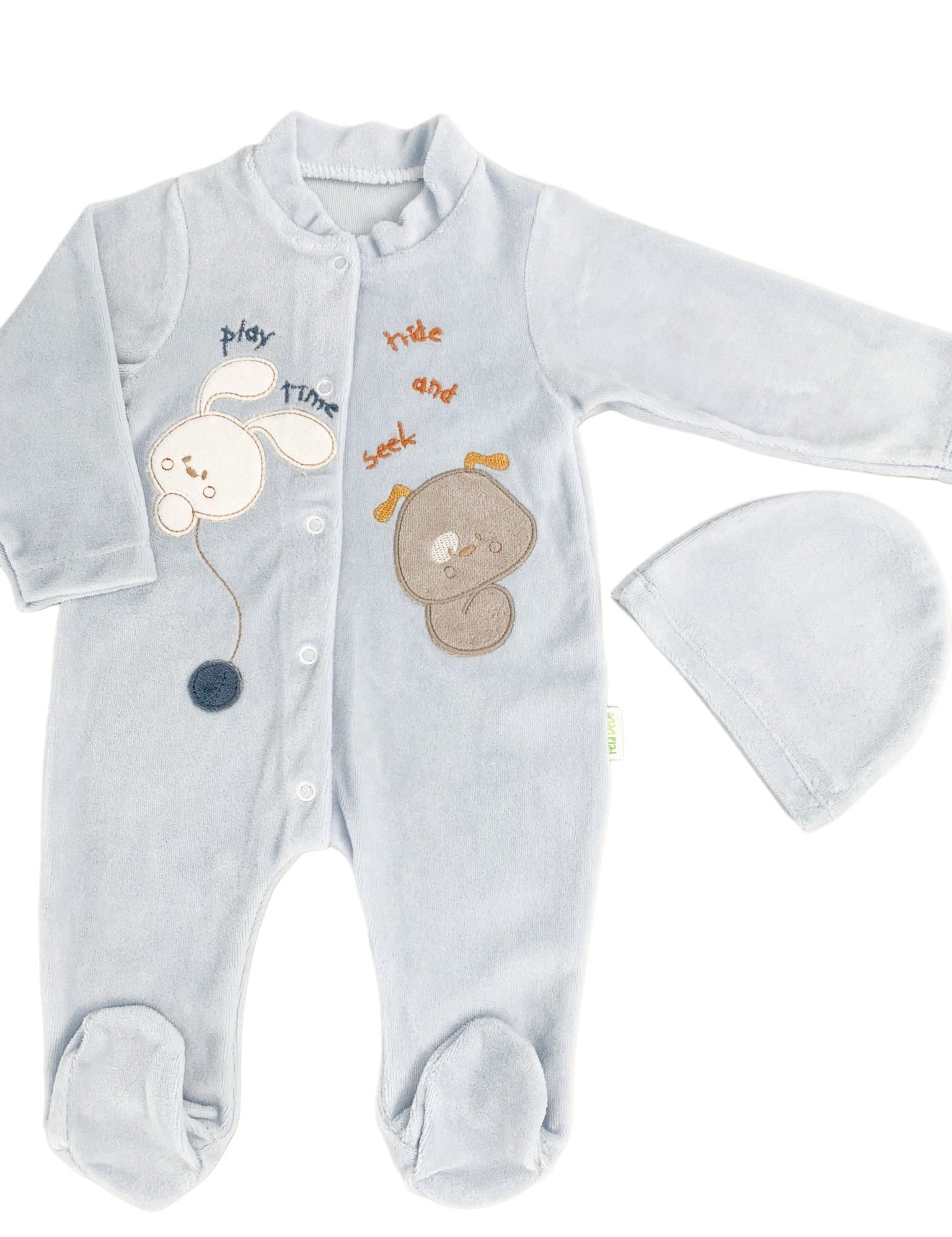 Salopeta albastra pufoasa baiat cu catelus si iepuras - Botez bebelusi