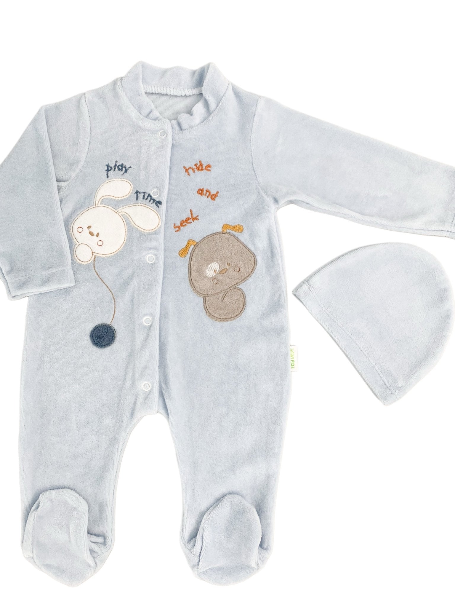 Salopeta albastra pufoasa baiat cu catelus si iepuras - Botez bebelusi