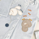 Salopeta albastra pufoasa baiat cu catelus si iepuras - Botez bebelusi