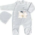 Salopeta albastra pufoasa baiat cu ursulet si iepuras - Botez bebelusi